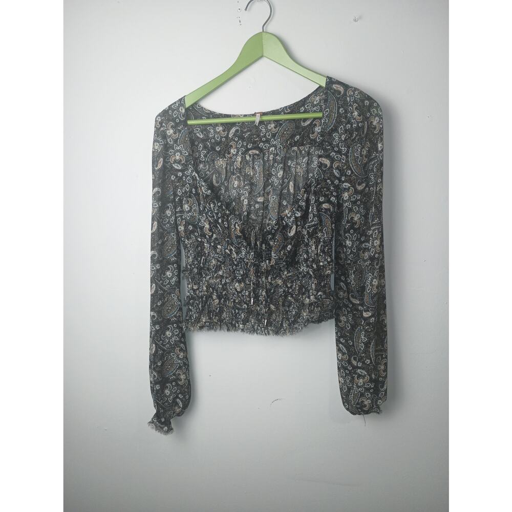 Free People Blue Paisley Sheer Flowy Smocked Cropped Blouse Top Women XS